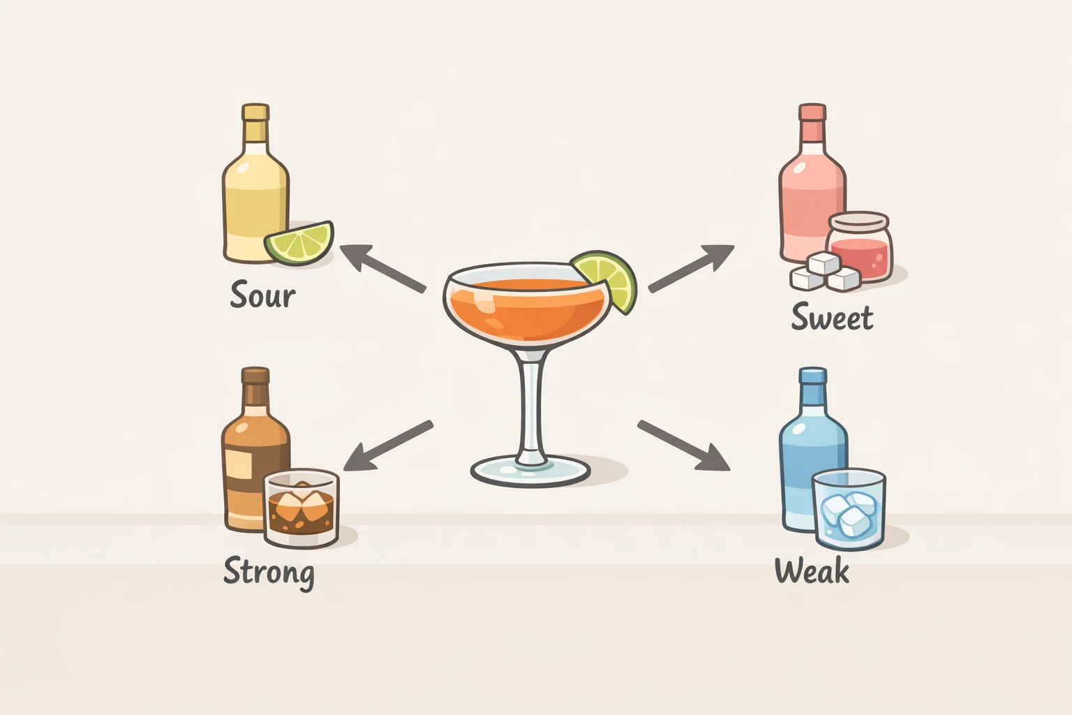 Diagram showing how mezcal smoke, pineapple sweetness, lime acidity, ginger beer spice and fizz, plus Xanadu Bitters and sage create the Xanadu cocktail recipe balance