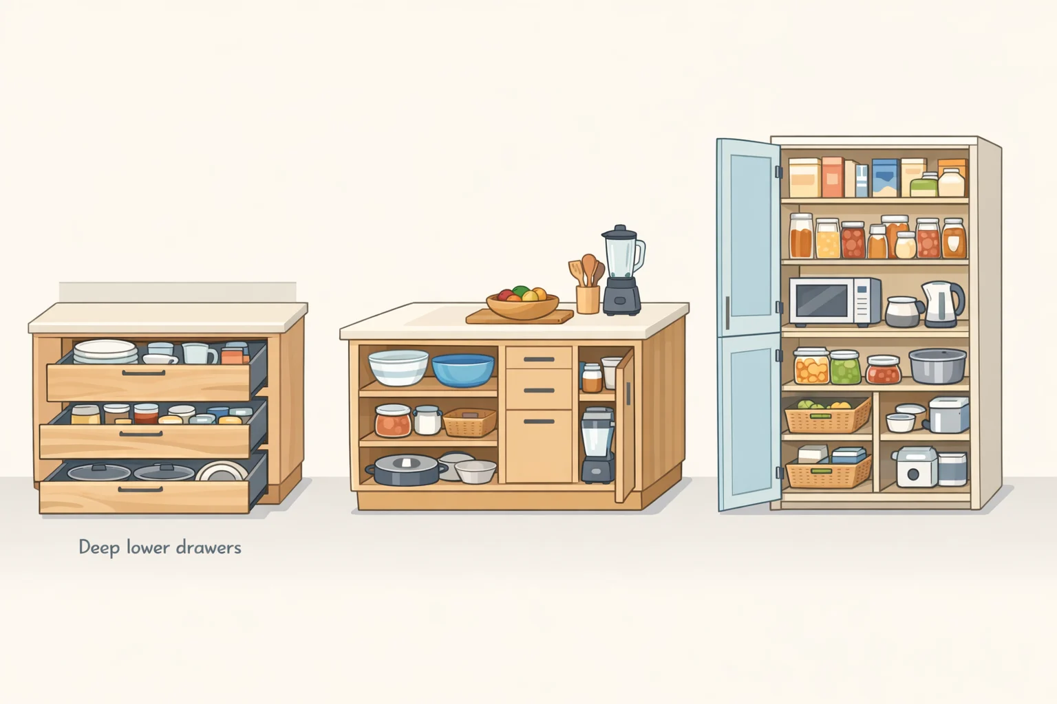 Illustration of a no-upper-cabinet kitchen plan with a floor-to-ceiling pantry, storage-packed island drawers, and deep roll-out drawer bases instead of kitchens without upper cabinets overhead storage