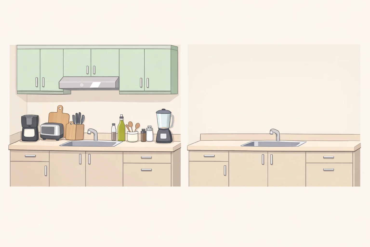 Photo-style illustration of a bright kitchen where upper cabinets are removed to reduce shadowing over the counters and reveal more natural light