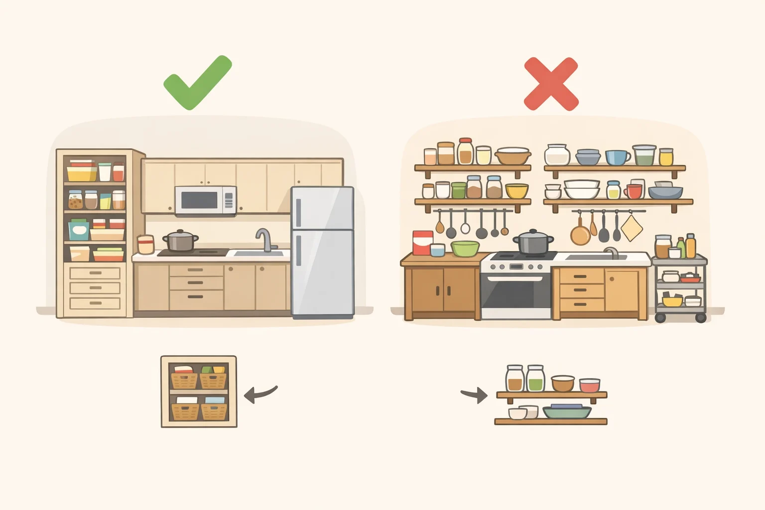 Illustration of a split-screen kitchen assessment showing a pantry-backed design with adequate hiding spots versus a storage-tight kitchen where open shelves would look cluttered