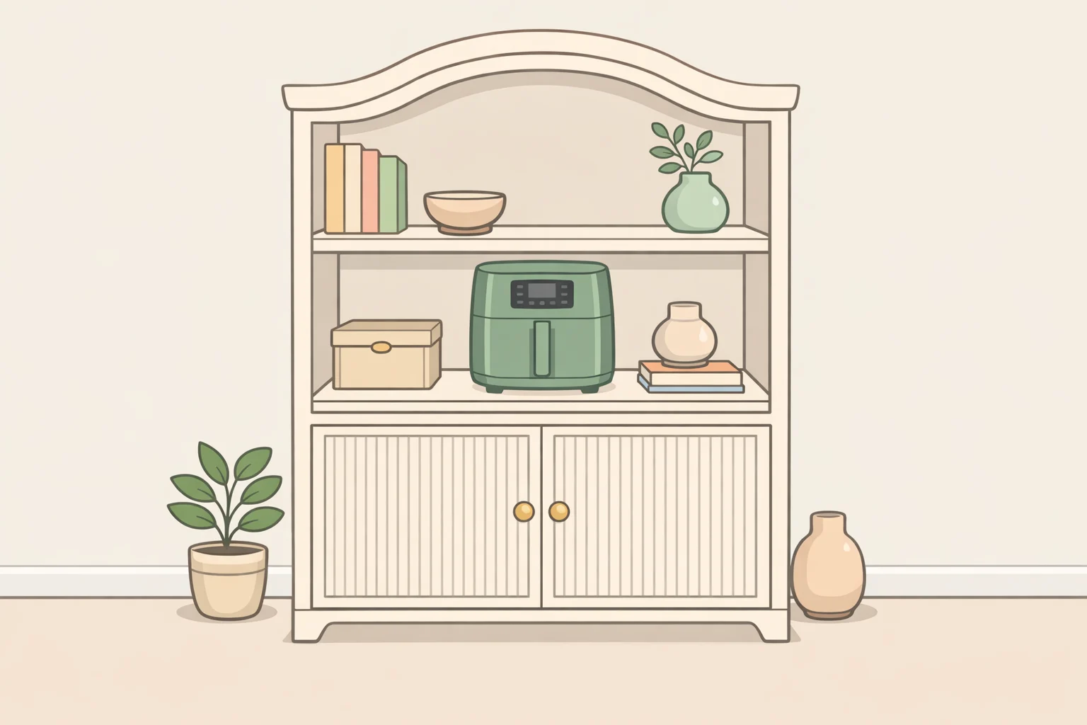Photo-style illustration of the Beautiful by Drew Barrymore storage bookshelf with a sculptural frame and fluted doors, as described in the CNN Underscored review