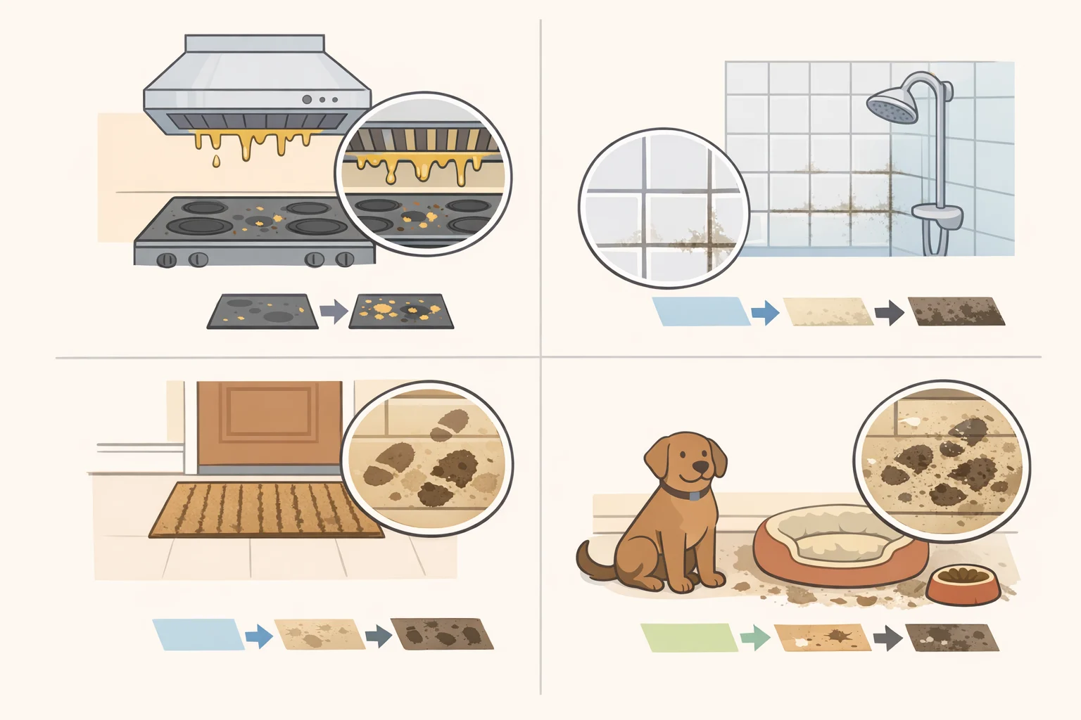 Home checklist graphic of likely buildup zones: grease around stove and range hood, bathroom grout lines, high-traffic floor paths, and pet bedding with nearby corners.