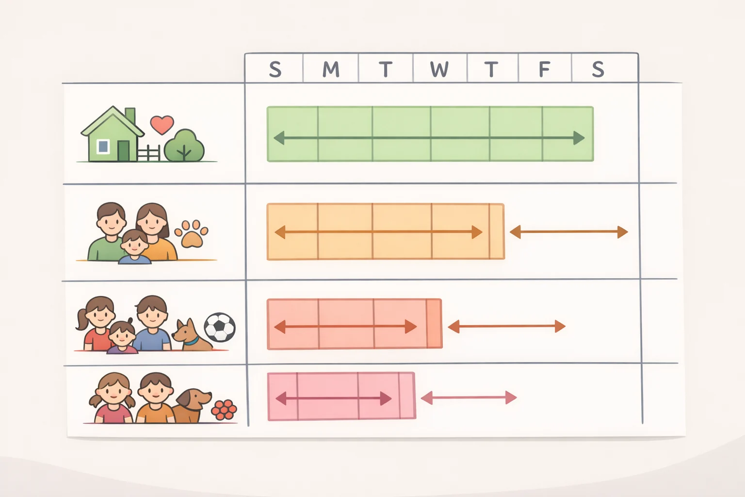 Calendar chart showing how often to schedule a deep clean based on household situation (high-traffic, weekly, biweekly, monthly, and at least once a year).