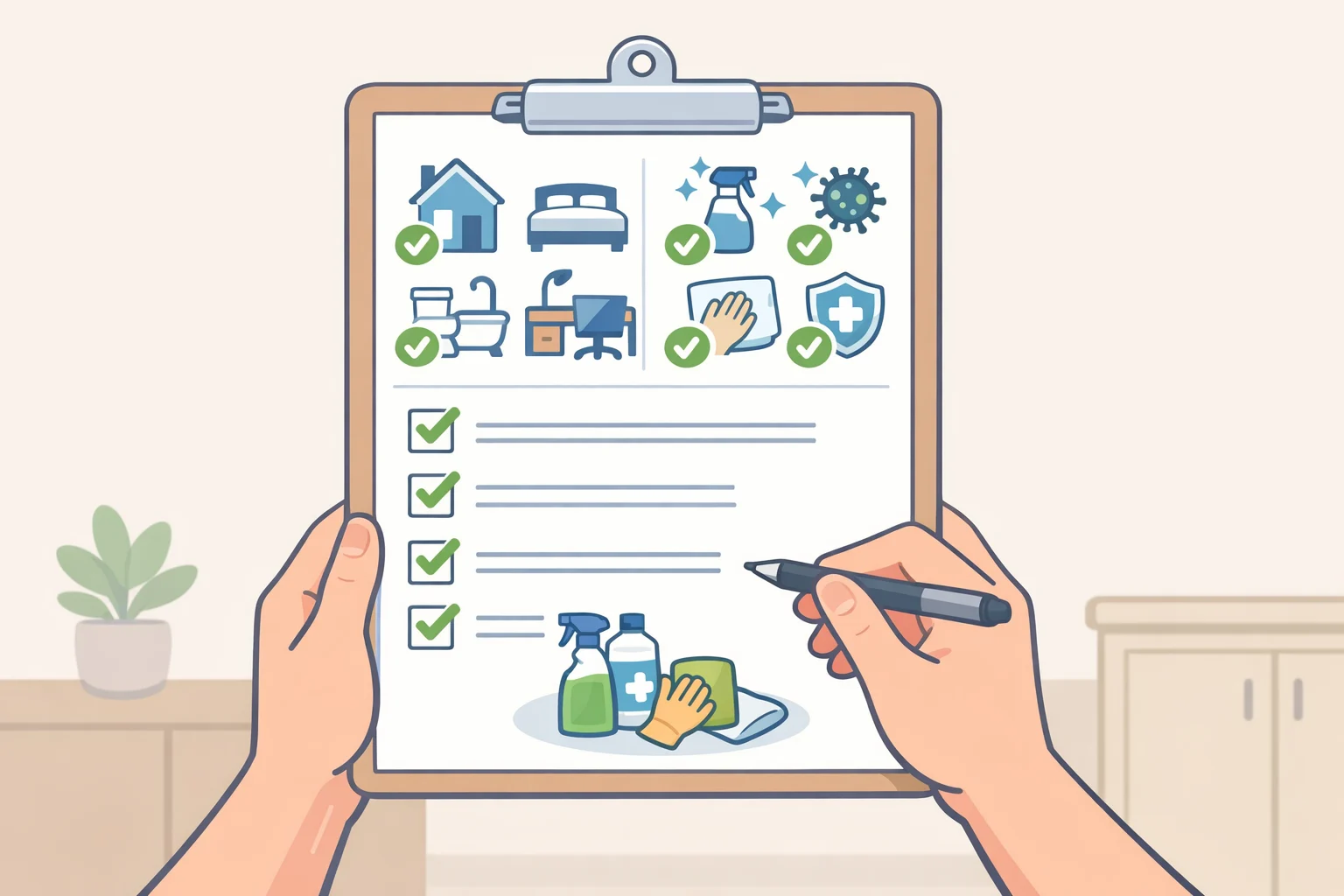 Quote scope checklist showing questions to confirm appliance interiors and exteriors, cabinet fronts, blinds, baseboards, and which disinfection product is used when illness prompts cleaning.