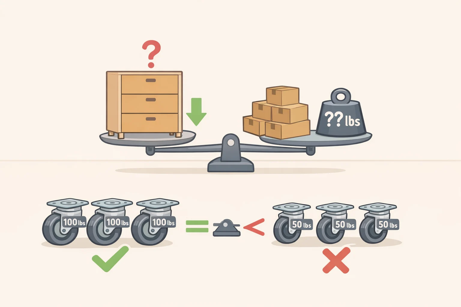 Illustration of a DIY builder estimating the finished unit weight, checking a caster box weight rating, and selecting larger rollers to match the assembled shoe rack.
