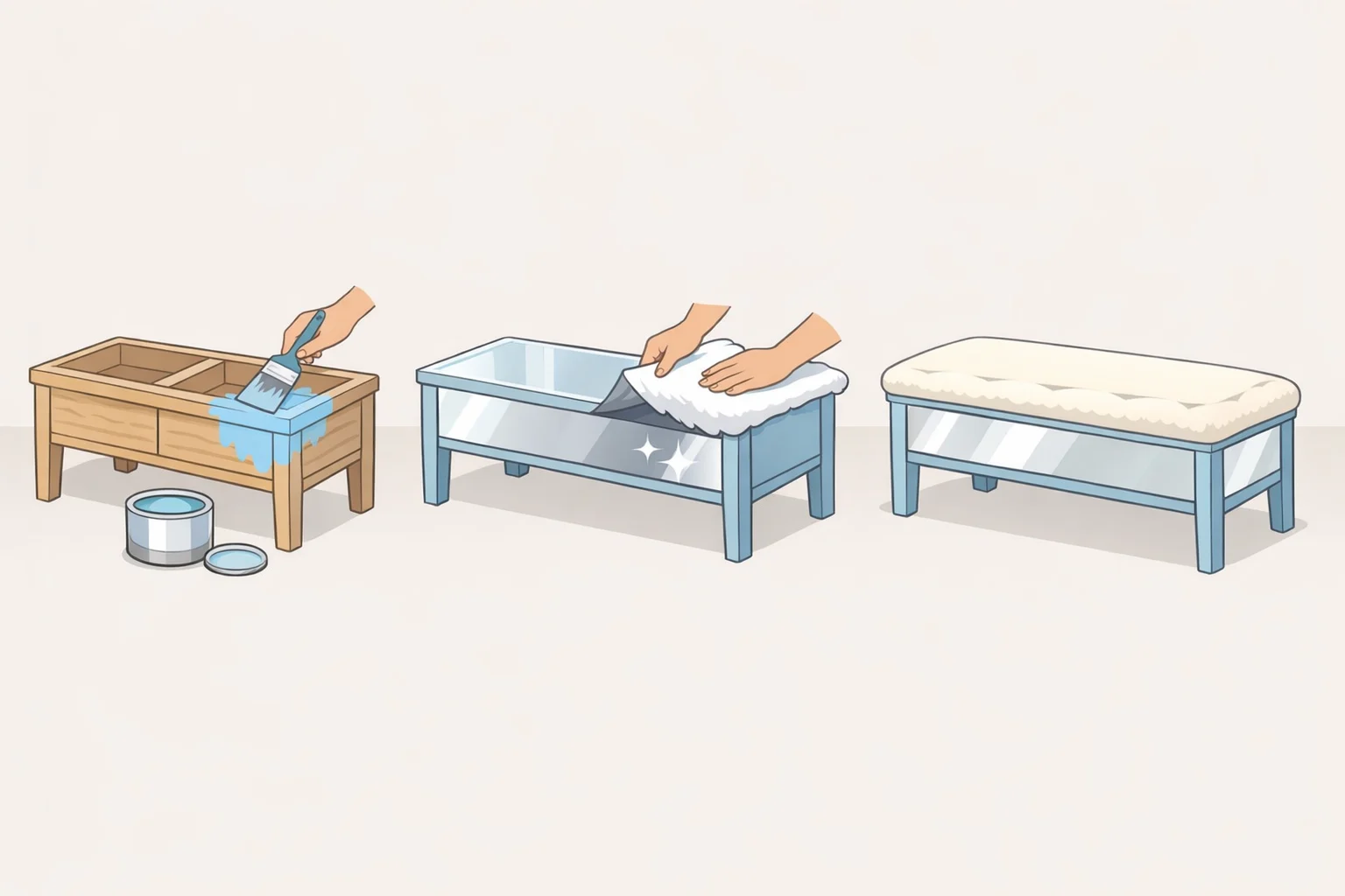 Illustration of the optional glam finish: wood painted white, side panels wrapped with mirror-reflective material, and a one-inch foam padded top panel covered with batting.