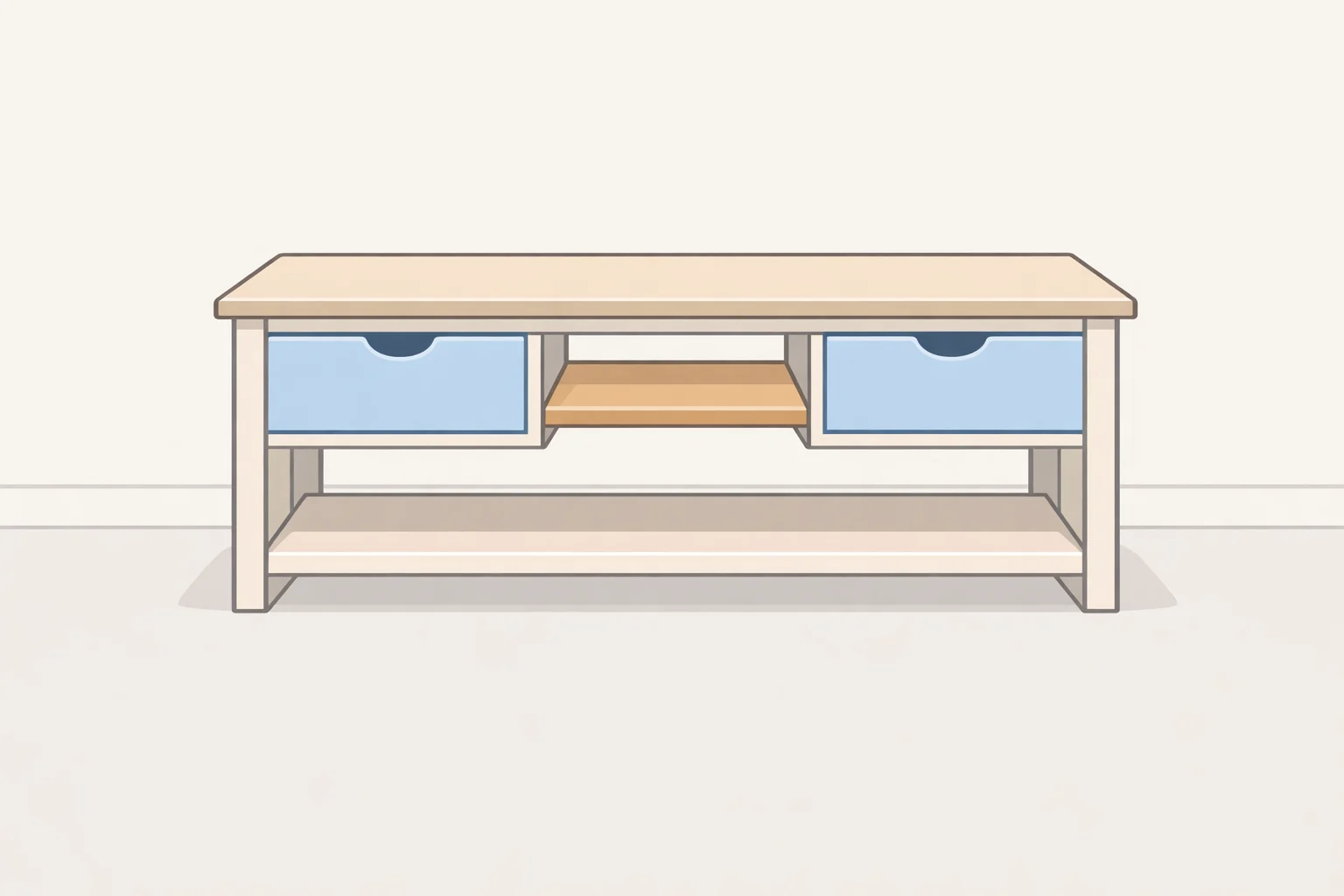 Illustration of a shoe storage rack made from two drawers connected by a center plank, with shoes stored on both sides and extra storage on the top drawer.