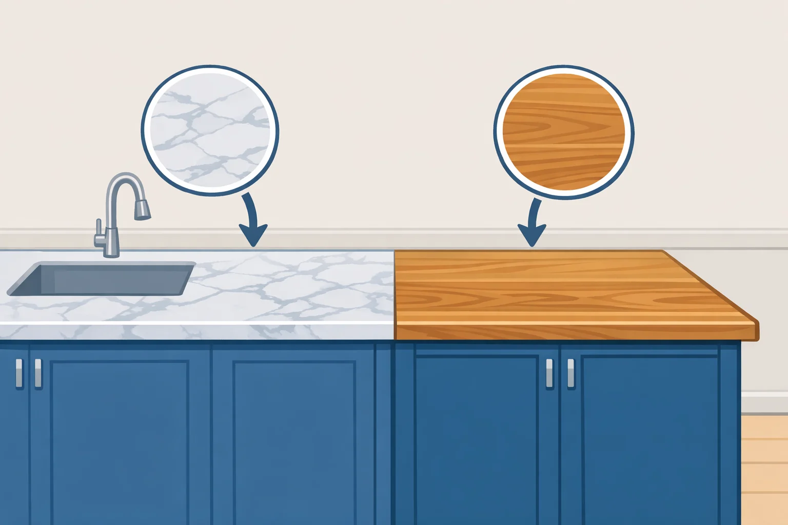 Kitchen view of a white Carrara marble island next to a wood-topped perimeter counter with Hague Blue cabinetry in the background