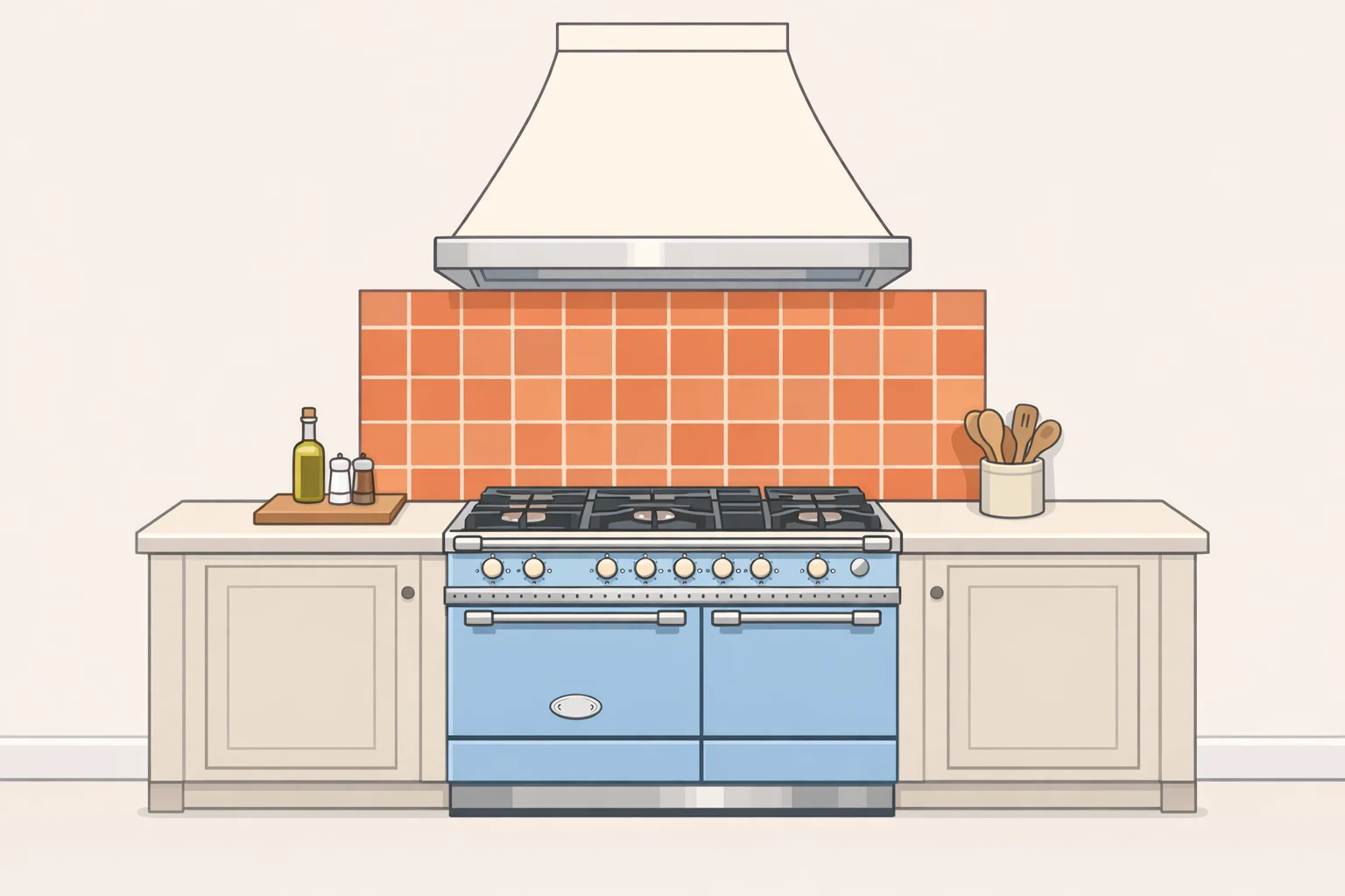 Close-up of a kitchen range wall featuring a French Lacanche range beneath a custom exhaust hood and hand-painted terra-cotta tile cladding