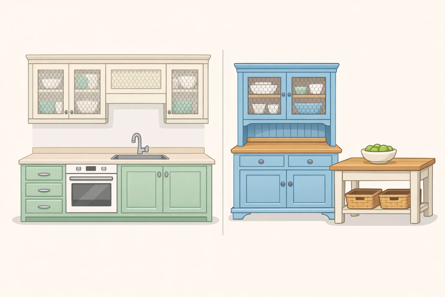 Kitchen interior with fully fitted Hague Blue cabinets and light mesh chicken wire screening on selected doors, supporting English cottage Craftsman kitchen ideas about using storage-first fitted cabinetry rather than freestanding furniture pieces