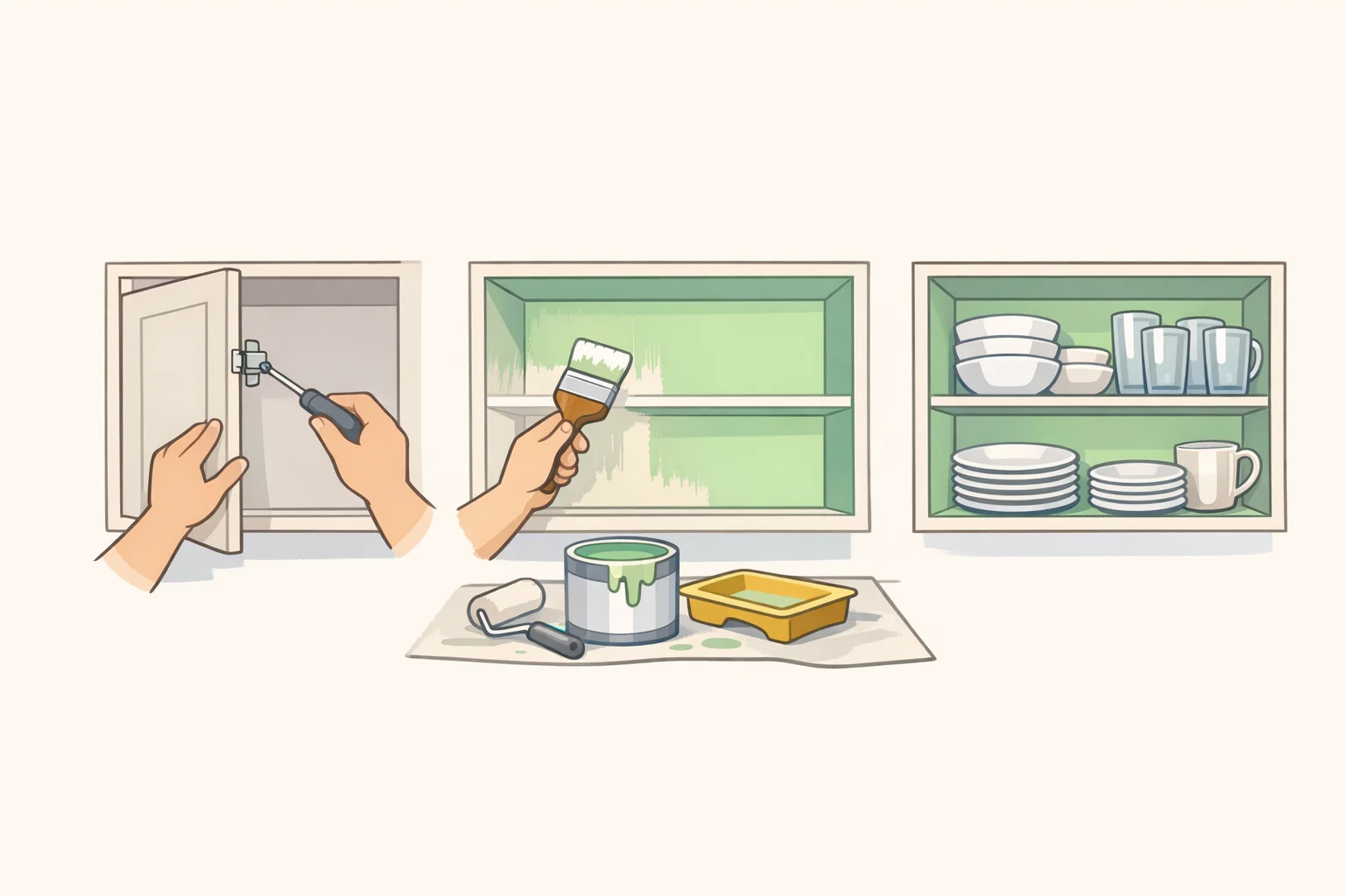 Home improvement scene showing one upper cabinet with its doors removed, interior painted a contrasting color, and filled with everyday dishes as a reversible styling test