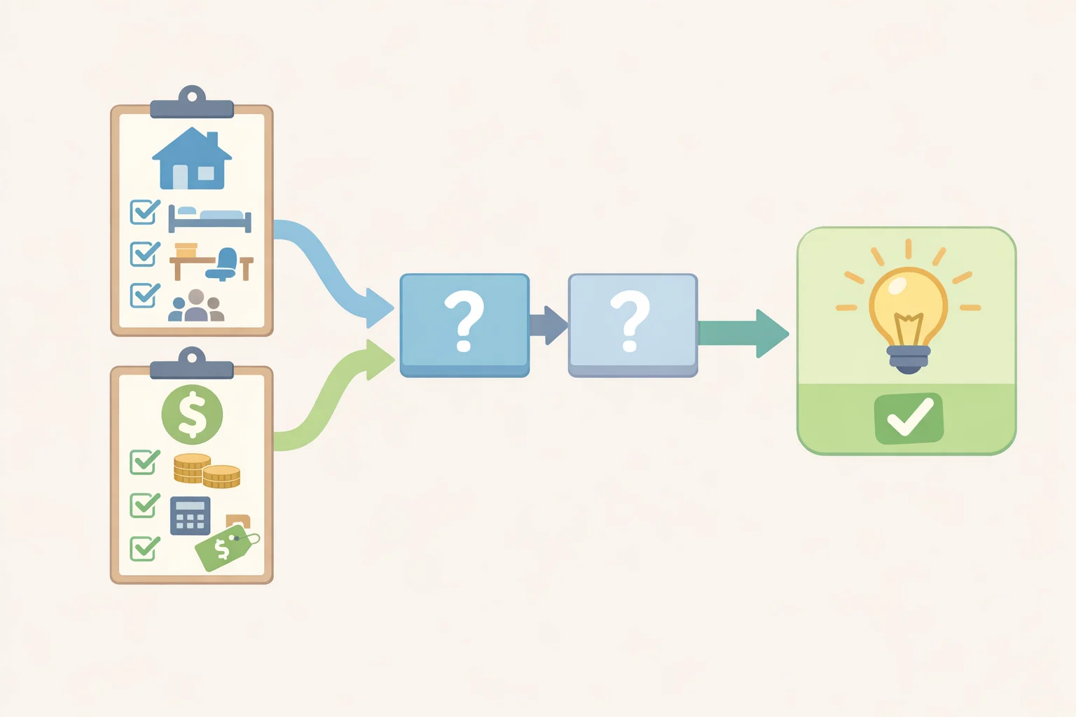 Decision flowchart using questions like daily runtime, local electricity rate, price gap, and noise needs to choose between inverter and non-inverter air conditioning