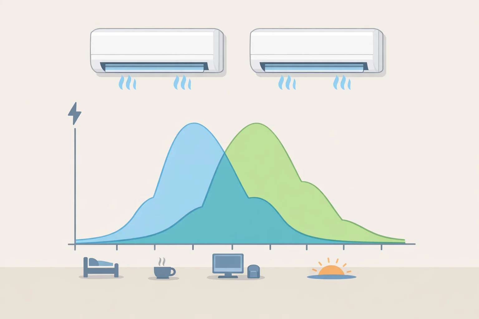 Bar chart illustrating inverter vs non-inverter air conditioner electricity use in an office test (about 8.7 kWh vs 13.5 kWh over eight hours)