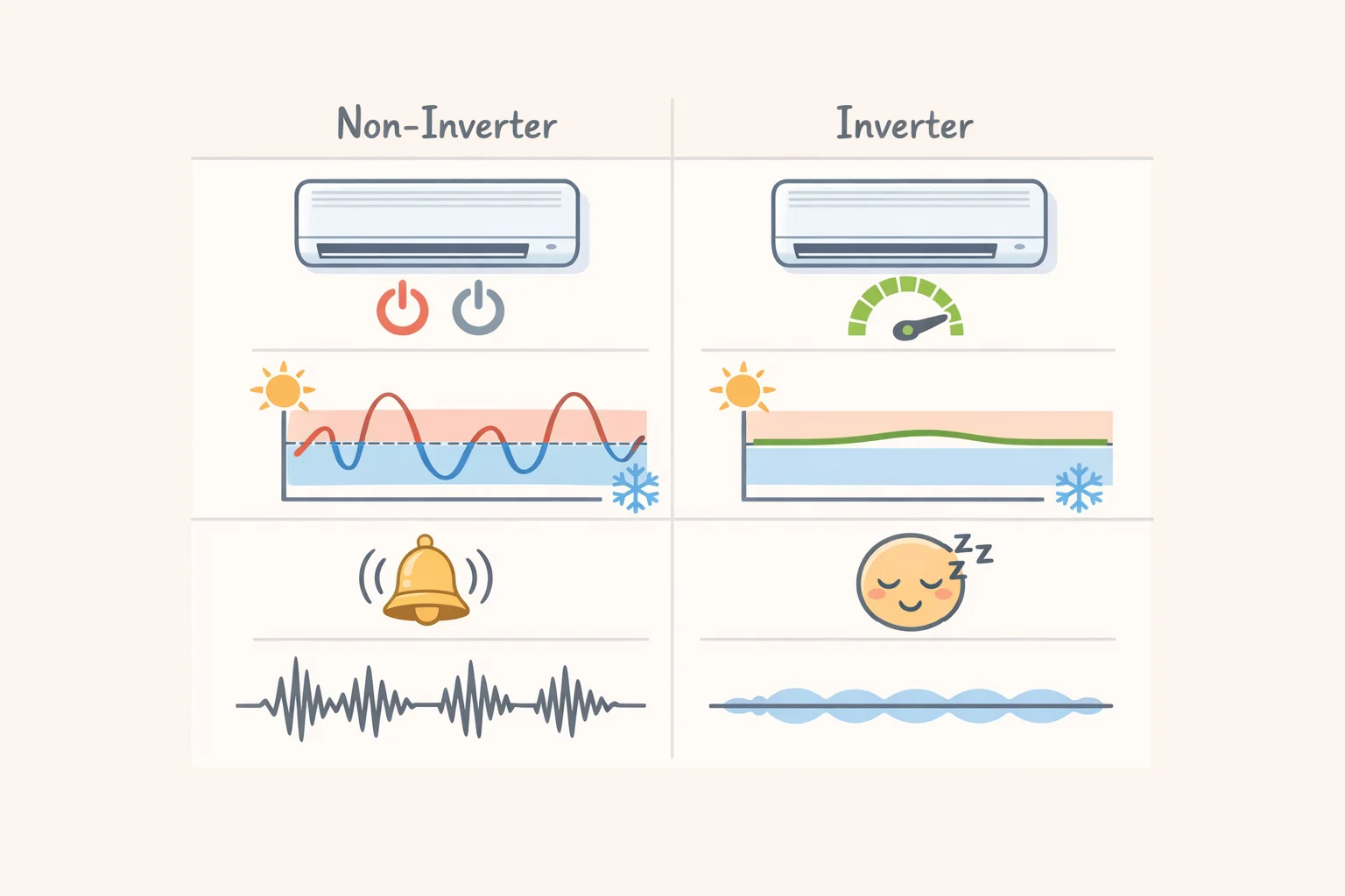 Infographic summary of inverter vs non-inverter AC benefits: steadier temperature and quieter operation for inverter units compared with noticeable cycling swings for fixed-speed units