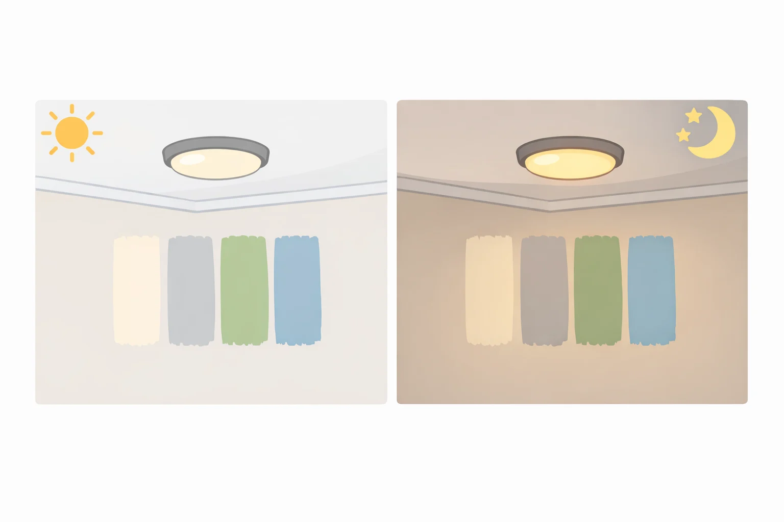 Close-up of paint swatches on a ceiling tested in daytime and evening to learn how to brighten a dark room without choosing the wrong tone under cool or warm bulbs