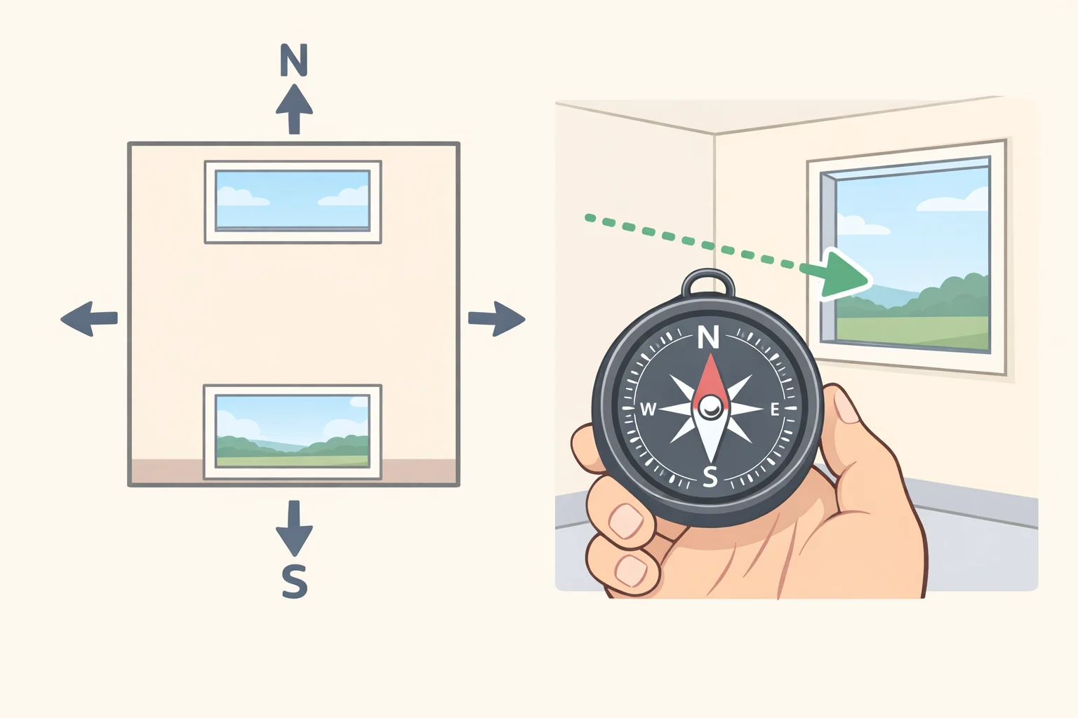 Diagram showing how to find a room’s orientation with a compass, marking north-facing rooms that get the least daylight and cool blue light