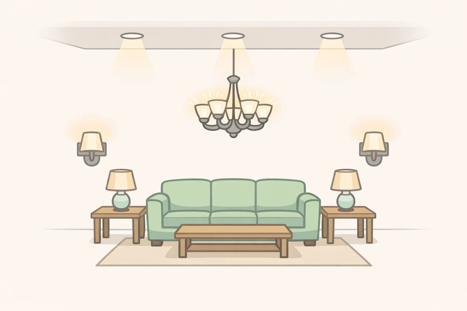 Diagram of layered lighting in a living room showing overhead task lighting, wall sconces for artwork, an upward-facing chandelier for ambiance, and warm table lamps