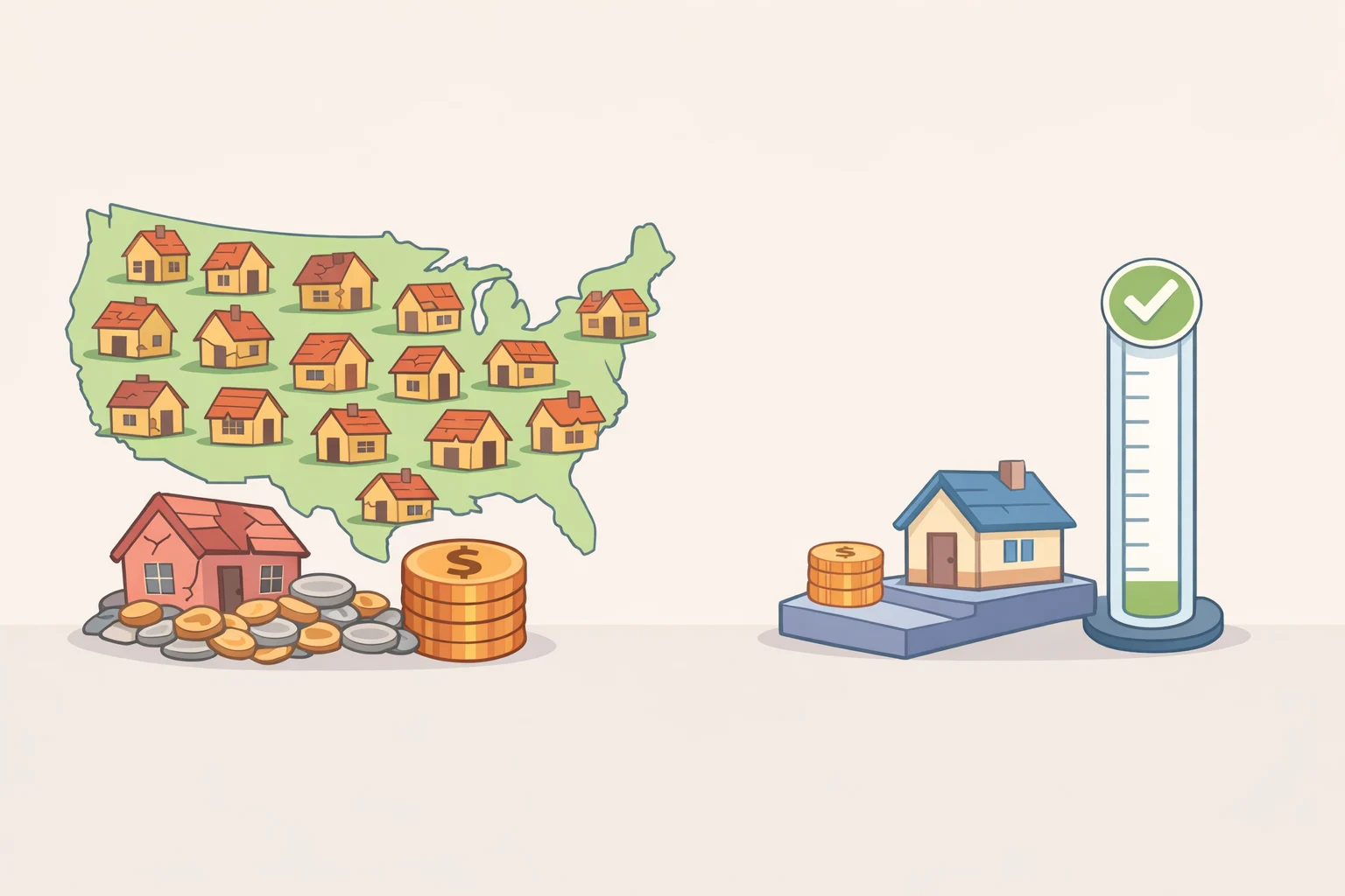 Infographic showing millions of owner-occupied homes needing repairs nationwide and how USDA Section 504 caps limit how much the program can cover despite the large $98 billion repair gap