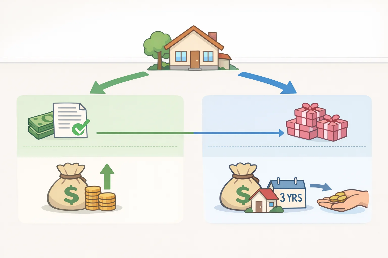 Diagram helping a rural senior decide between USDA Section 504 loan and senior grant by highlighting the lifetime grant limit and the repayment requirement if the home is sold within three years