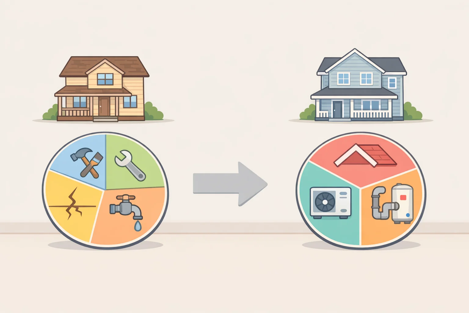 Illustration of a pie chart breaking down where repair spending goes in pre-1960 homes (more toward replacing roofs, HVAC, and plumbing) compared with homes built since 2010