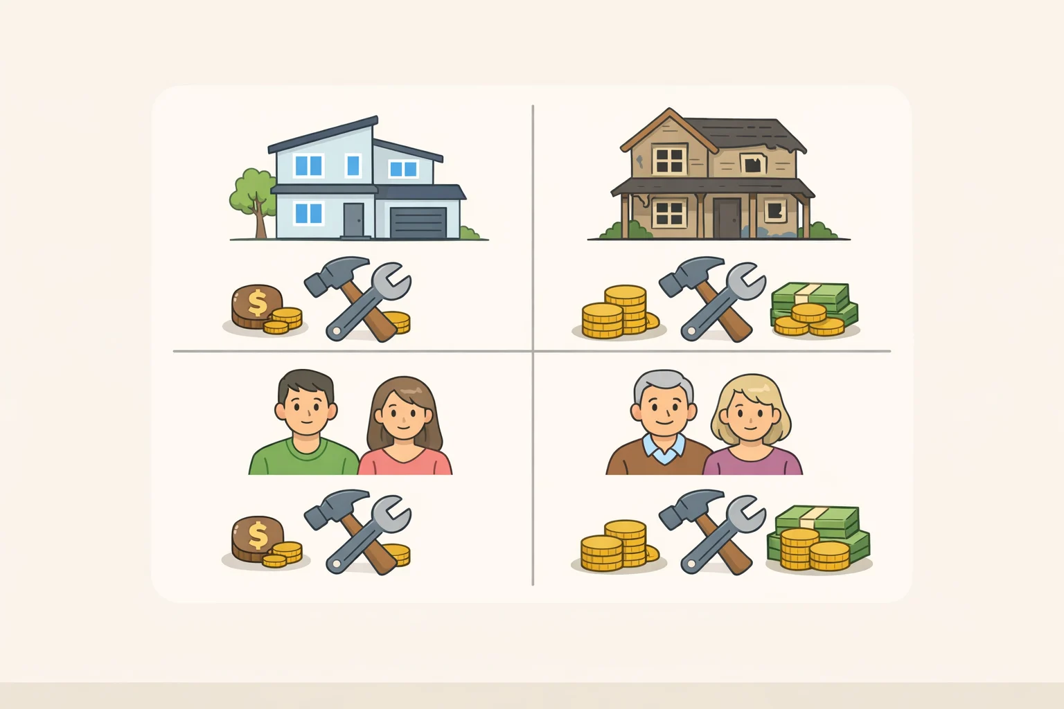 Chart comparing annual upkeep costs for rural seniors’ homes by construction date (before 1960 vs since 2010) and showing how lower-income owners spend far less, making home repair assistance for rural seniors harder to access