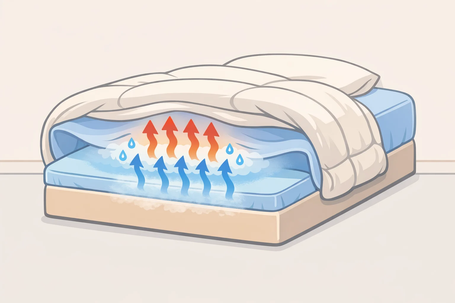 Diagram of a bed where covers are pulled up right after sleeping, trapping overnight heat and sweat that would otherwise evaporateshould you make your bed in the morning?