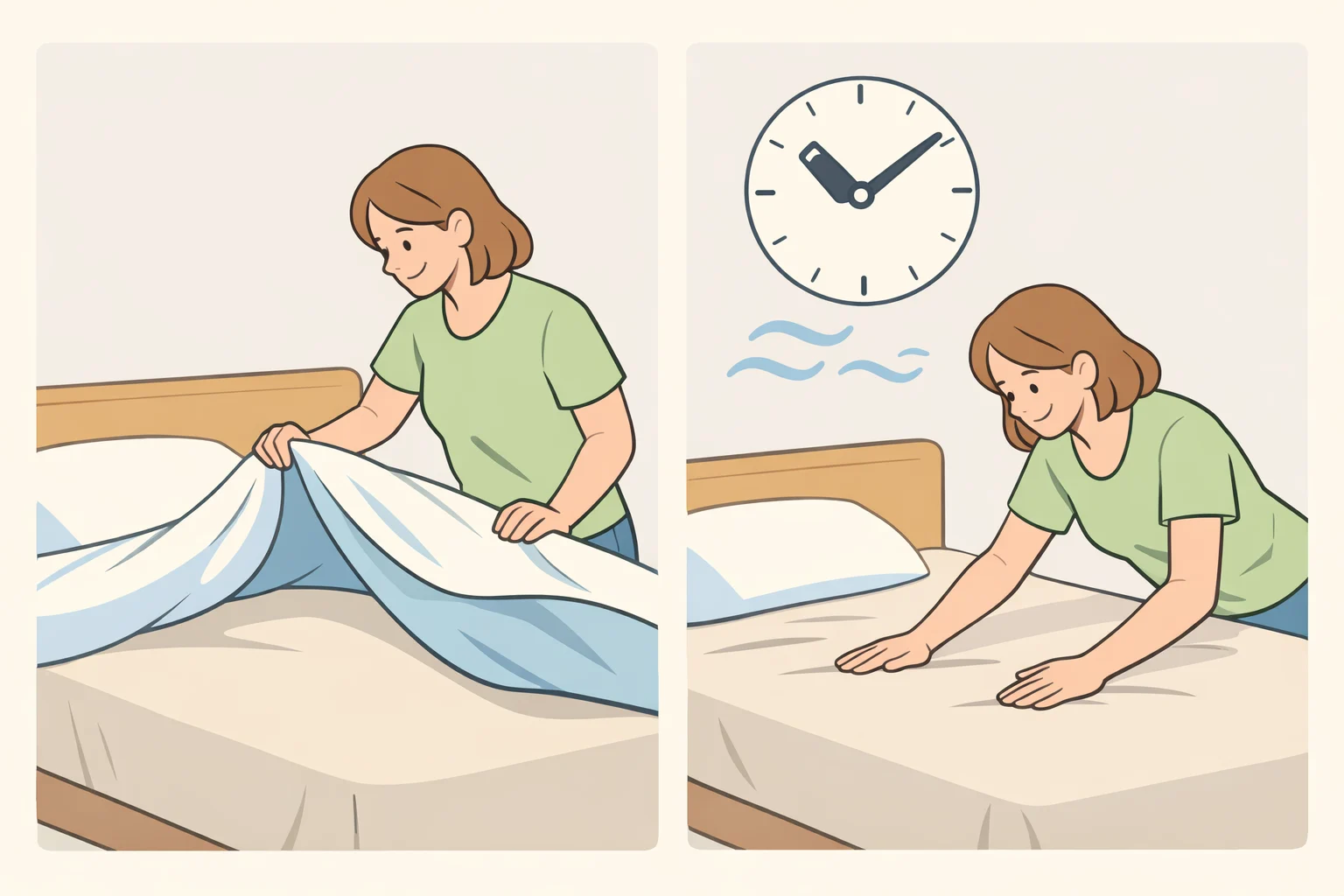 Illustration of a person pulling back bed covers to expose the mattress and sheets to air, opening a window for airflow, waiting 20–30 minutes, then making the bed