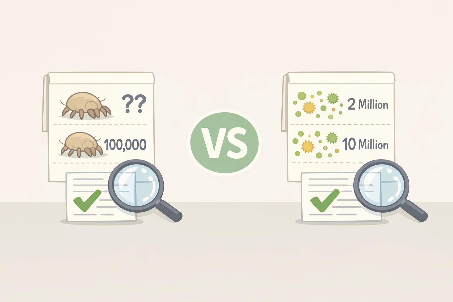 Chart-style illustration comparing reported dust-mite counts and allergy-triggering fecal particle claims, highlighting that the evidence is based on secondary coverage rather than primary study details