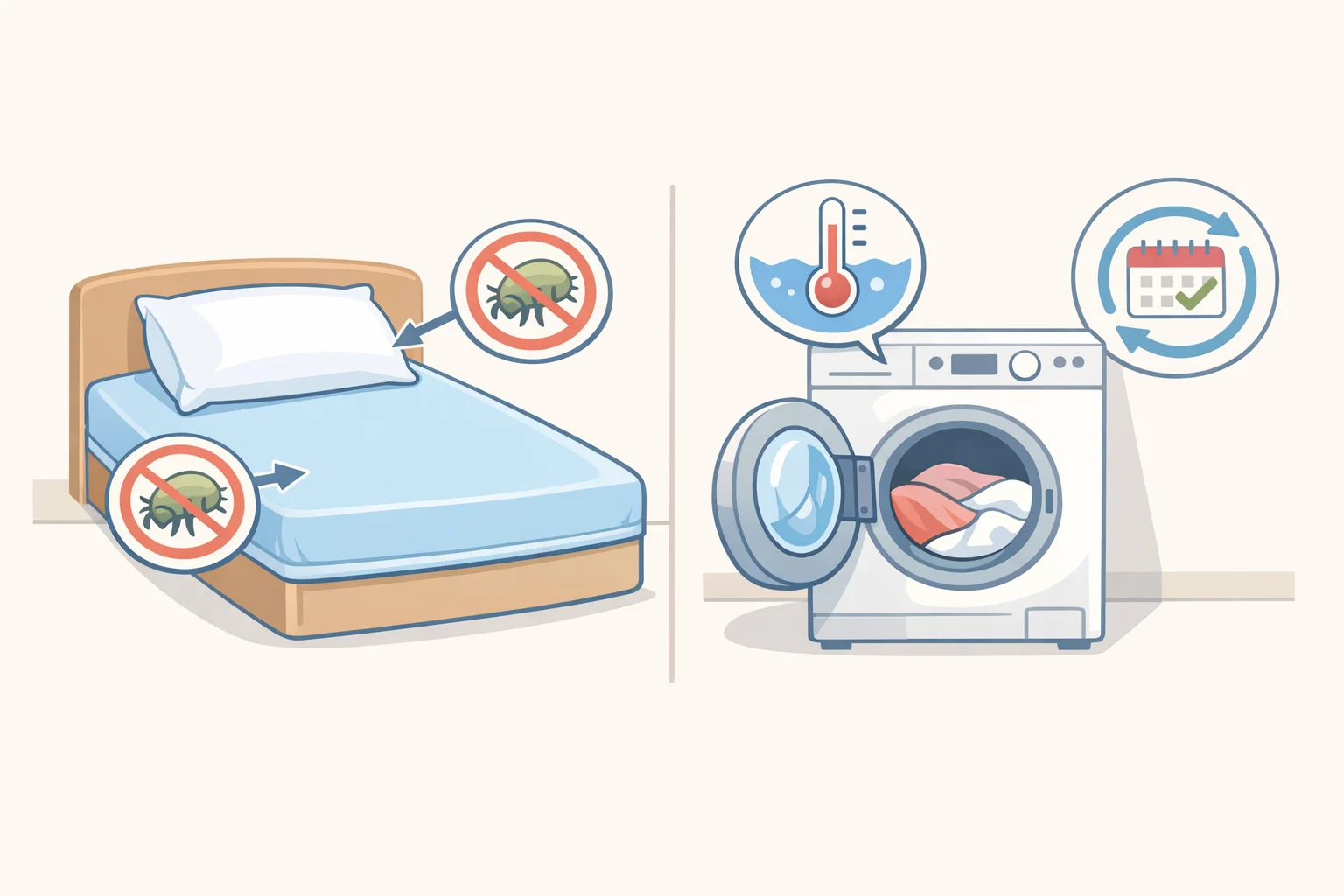Illustration of dust-mite allergen prevention: an allergen-proof mattress and pillow cover in place and sheets being washed weekly in hot water