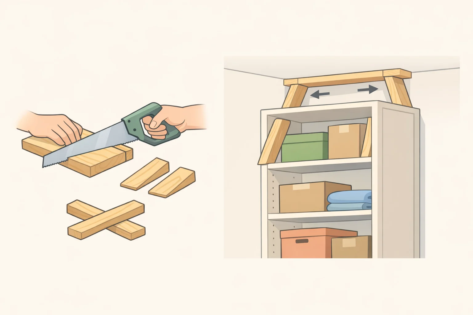 Illustration showing a cut 2x4 spacer wedged between the top of a bookshelf divider and the ceiling when no wall stud is available