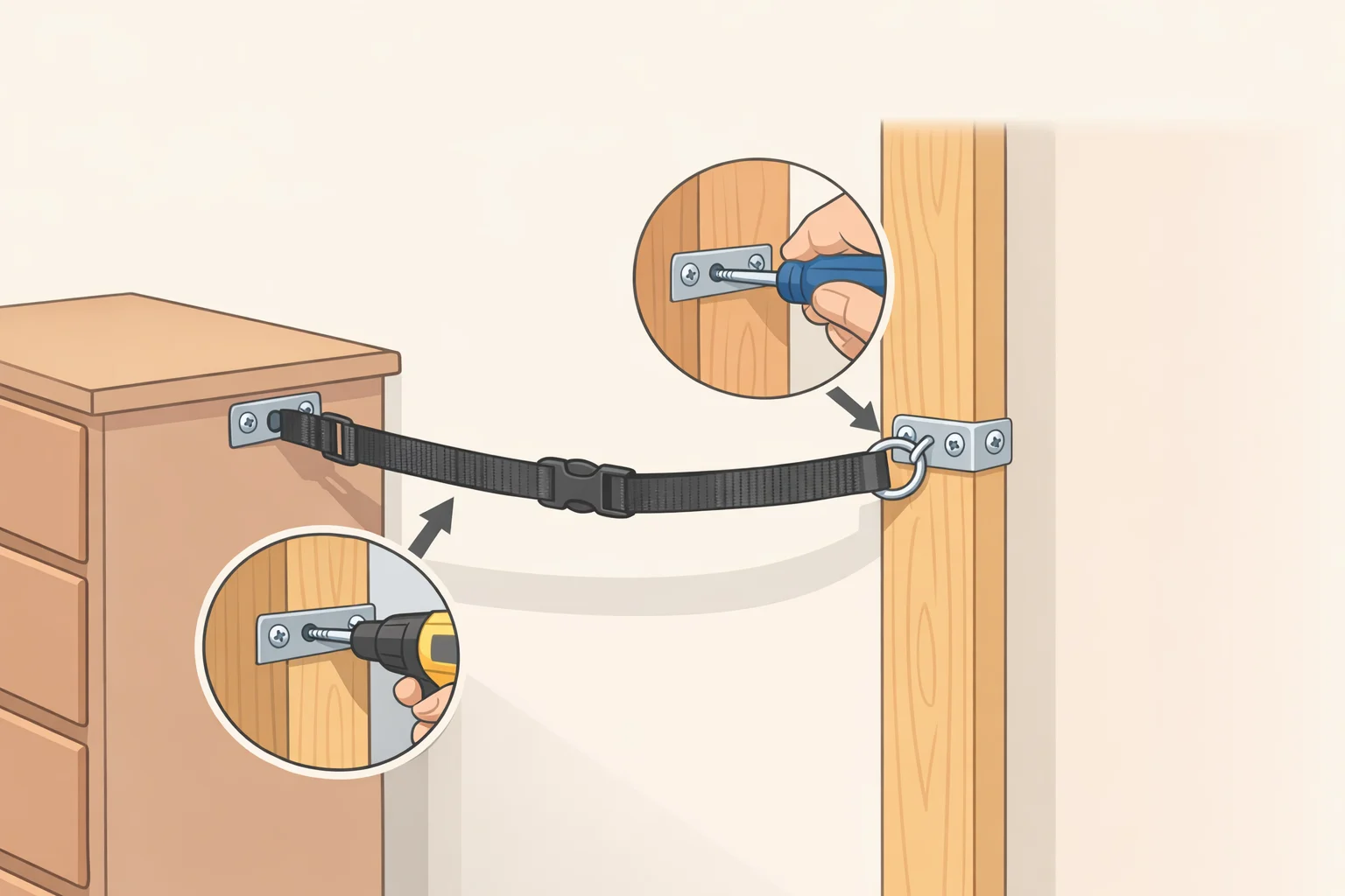 Illustration of a furniture strap attached to the back of a bookshelf room divider behind bed and screwed into a wall stud through drywall