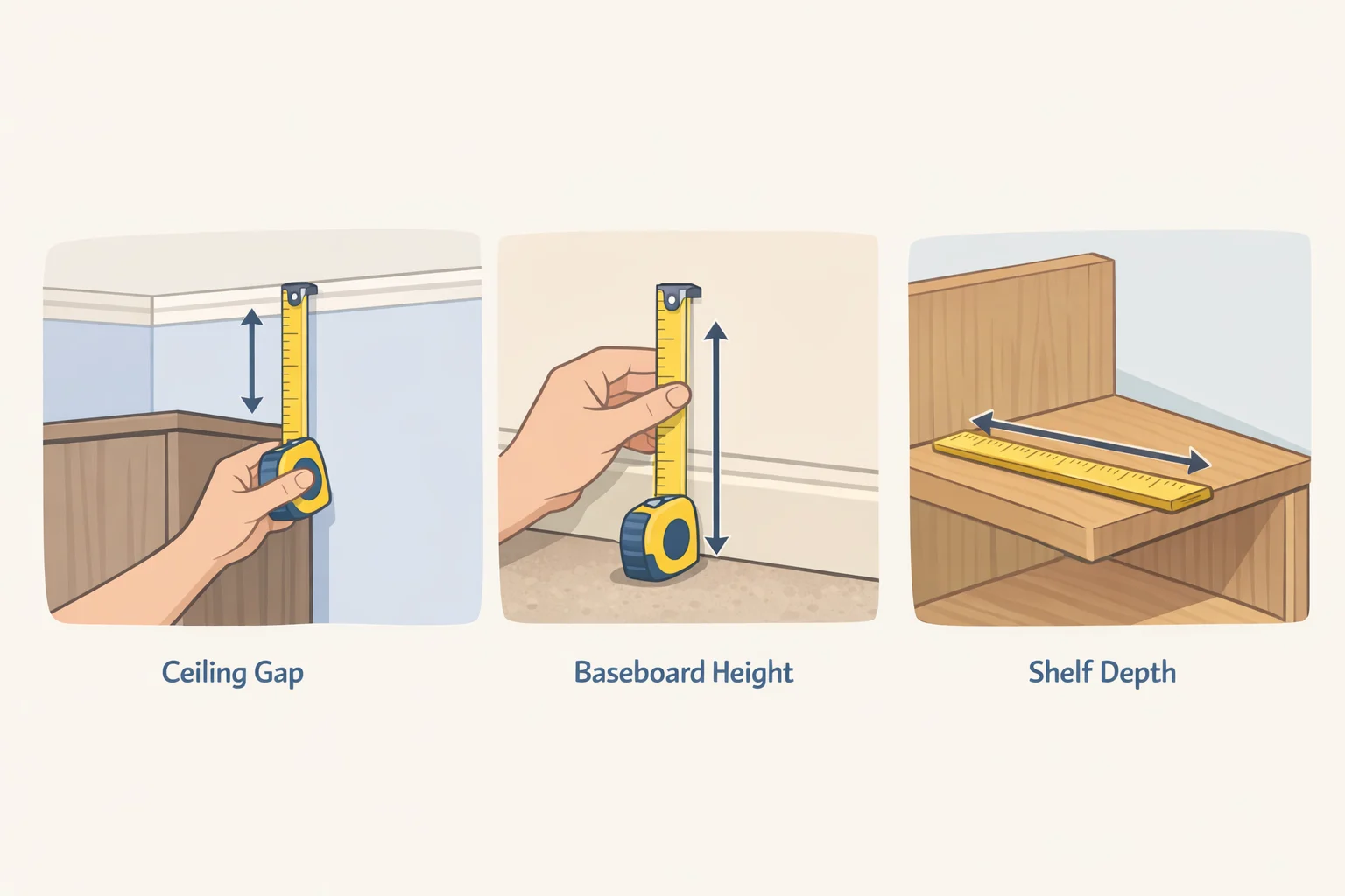 Illustration with labeled measurements for a bookshelf room divider behind bed, including 6–12 inch ceiling gap, baseboard allowance, and 12-inch exterior depth