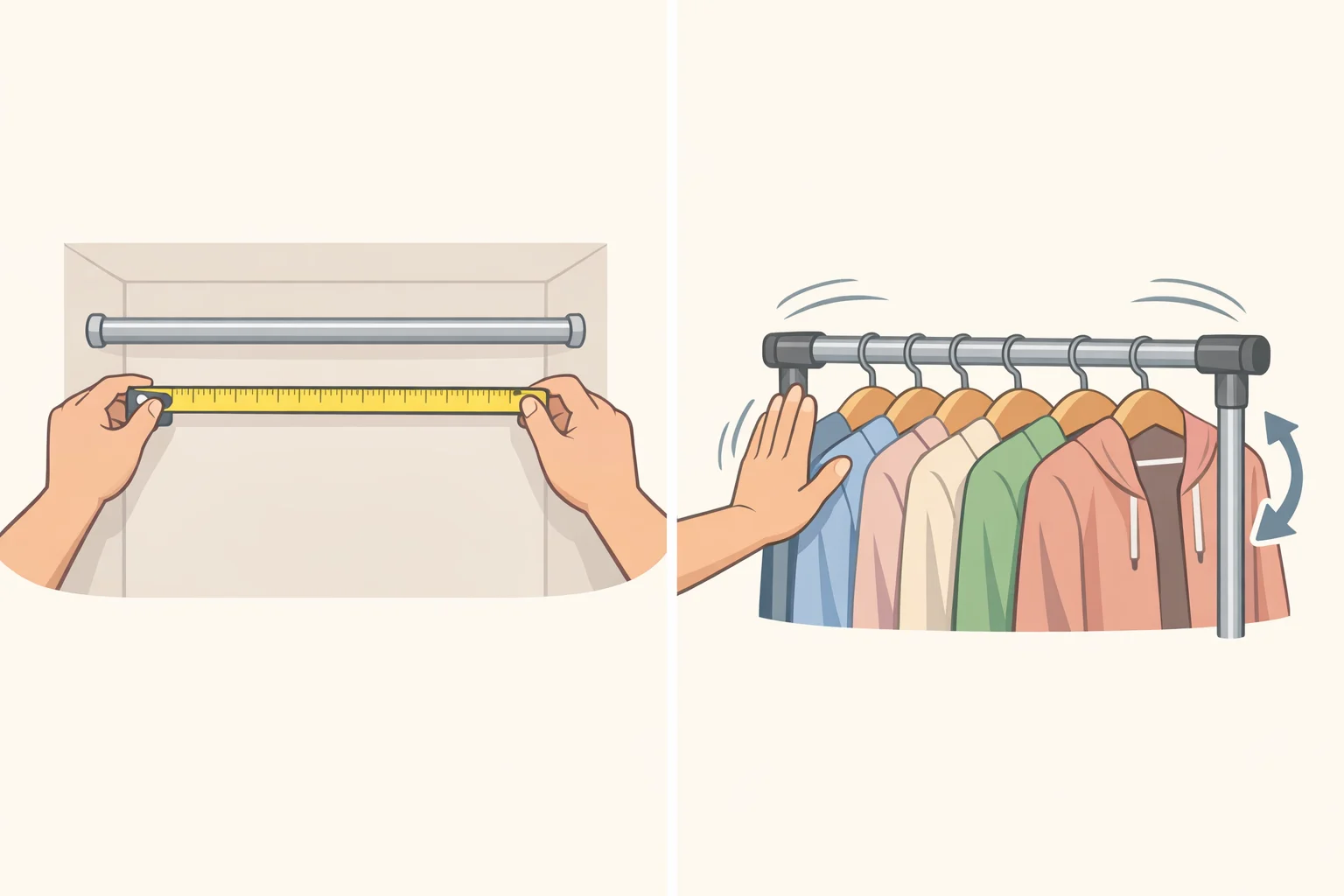 Home organizer measuring the rolled item thickness against wine rack slot diameter, then gently nudging the rack to test stability in a closet