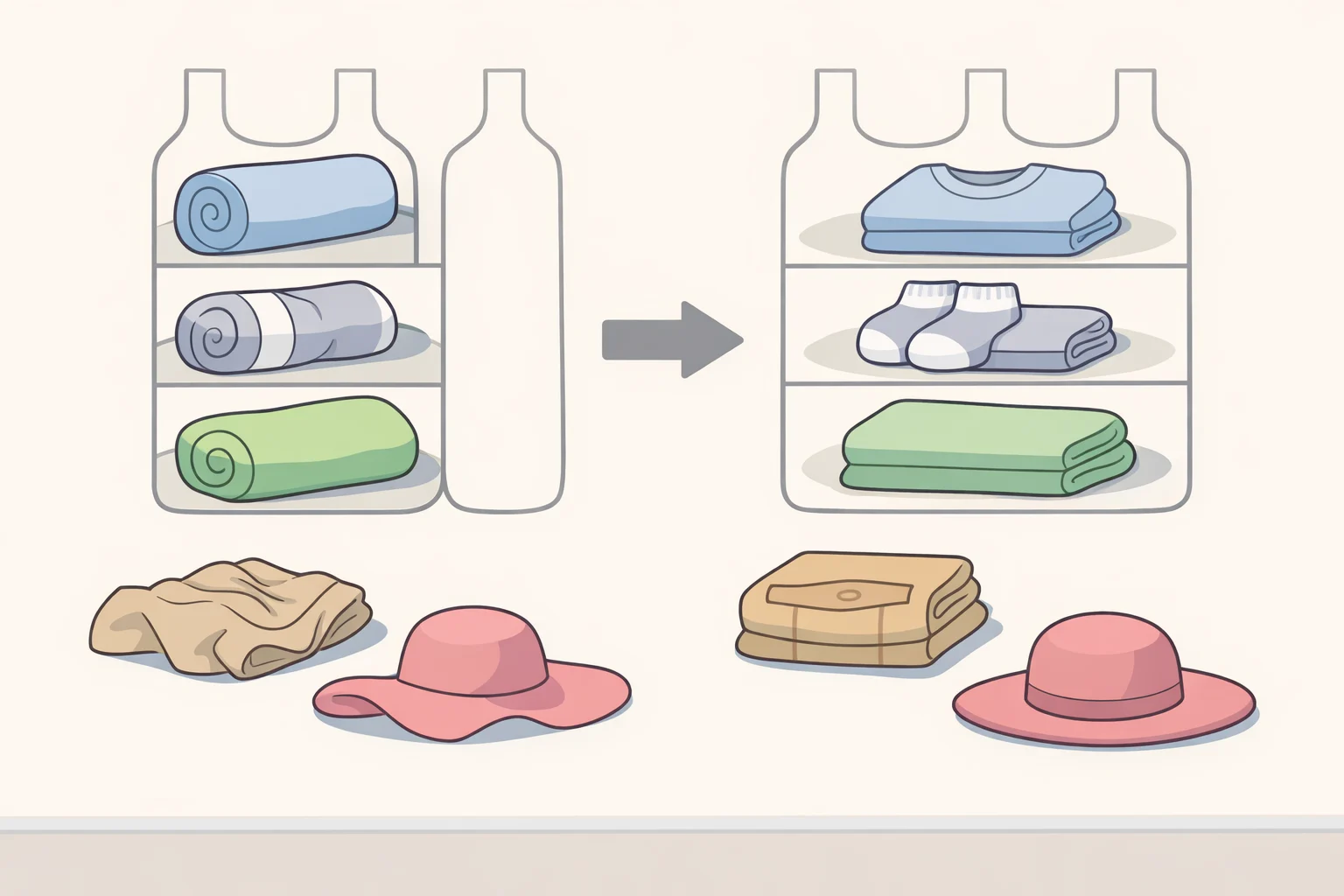 Comparison of rolled scarves, coiled belts, and folded clothing placed in bottle-shaped wine rack slots for a wine rack closet storage hack