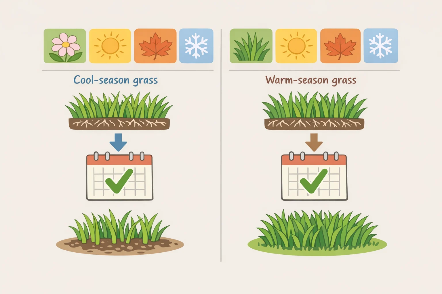 Season calendar showing late summer to early fall for cool-season lawns and early summer for warm-season lawns, with a warning to avoid heat or drought stress