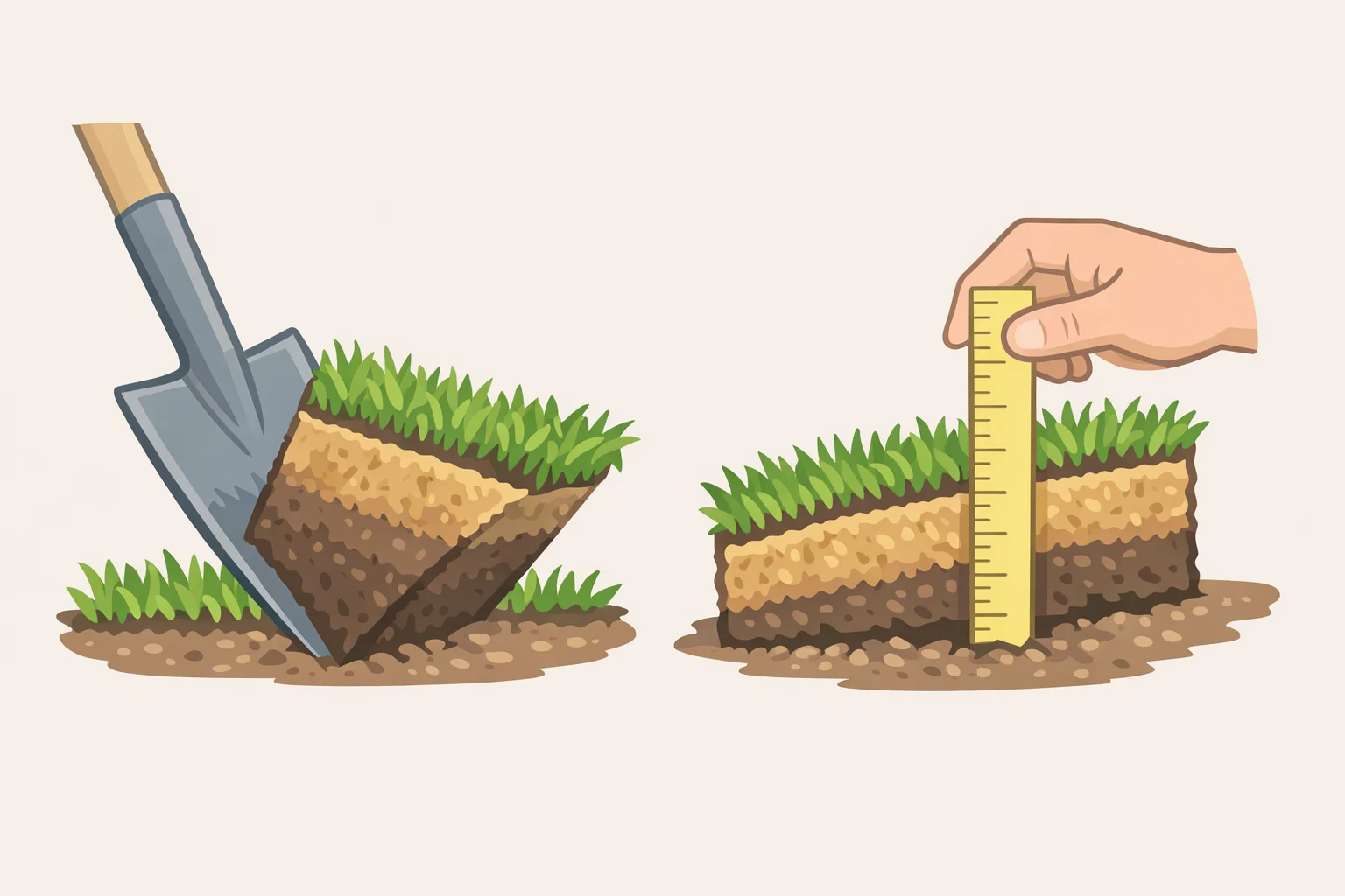Close-up of cutting a small wedge of turf to reveal the tan spongy thatch layer, then measuring the thickness with a ruler for how to dethatch a lawn decisions