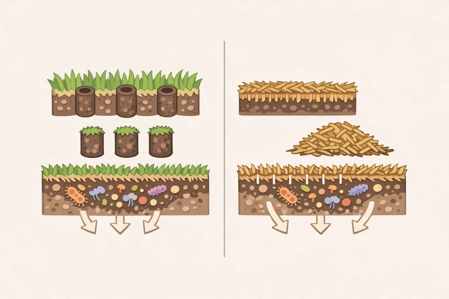 Side-by-side comparison of aerating (removing small soil cores) versus dethatching (pulling up a thatch layer), highlighting improved airflow and microbial breakdown