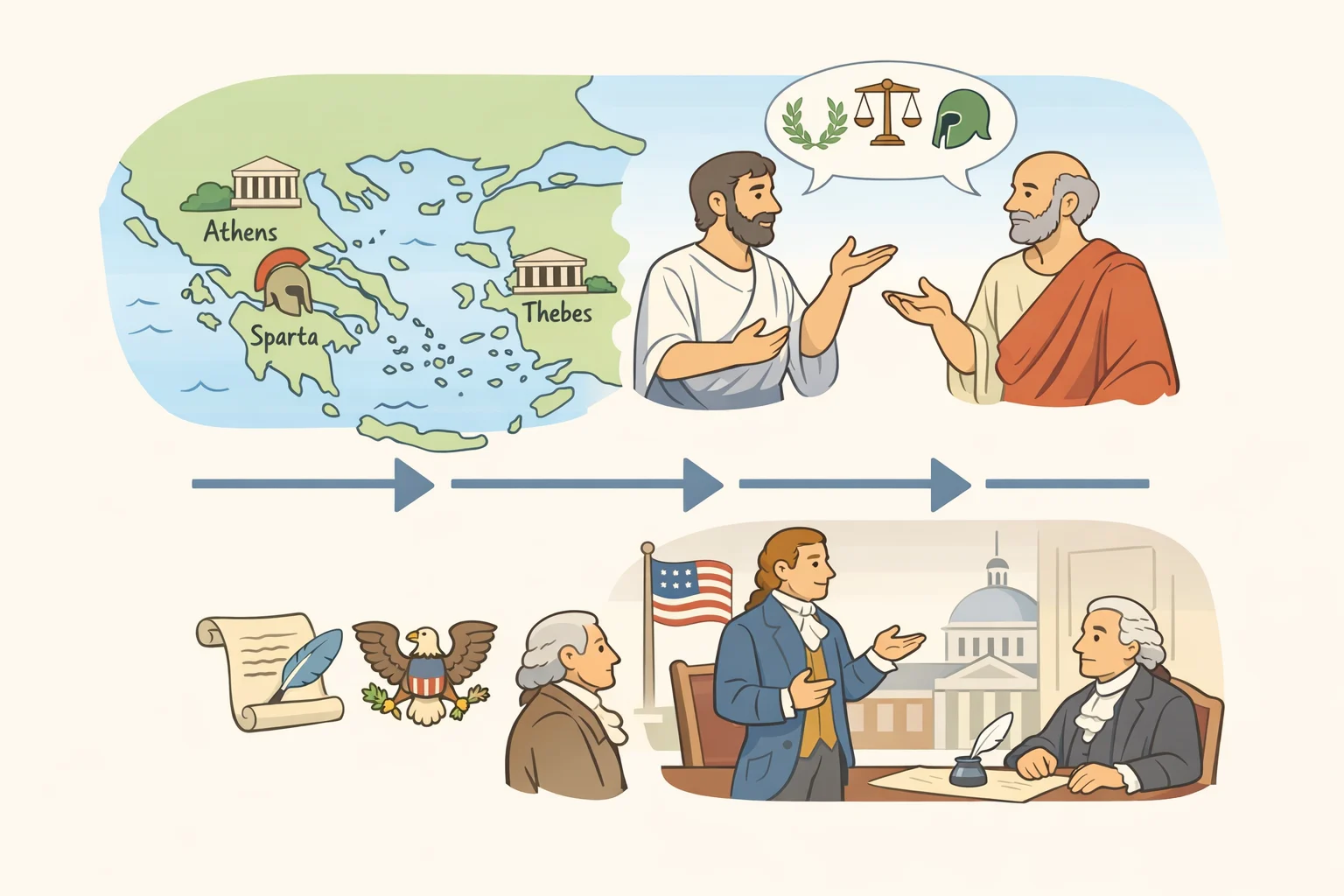 Map-style illustration linking Plutarch’s accounts of Greek disunity to Madison’s warning against American disunion in the U.S. founding era