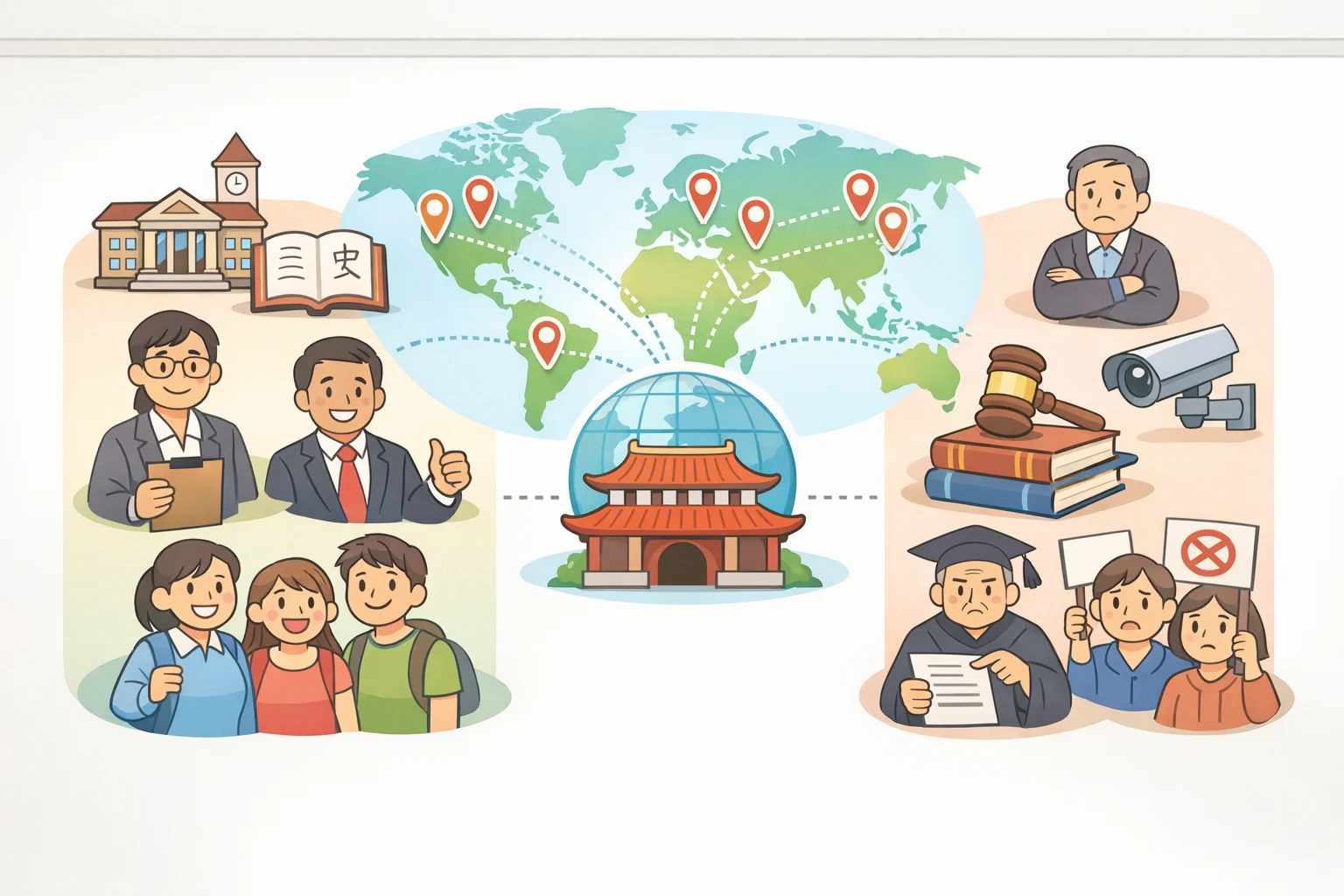 Illustration of Confucius Institutes as a worldwide network (over 1,500 schools and colleges) showing both funding/cultural-enrichment support and critics labeling them a threat to academic freedom, tied to Confucius in American political debate