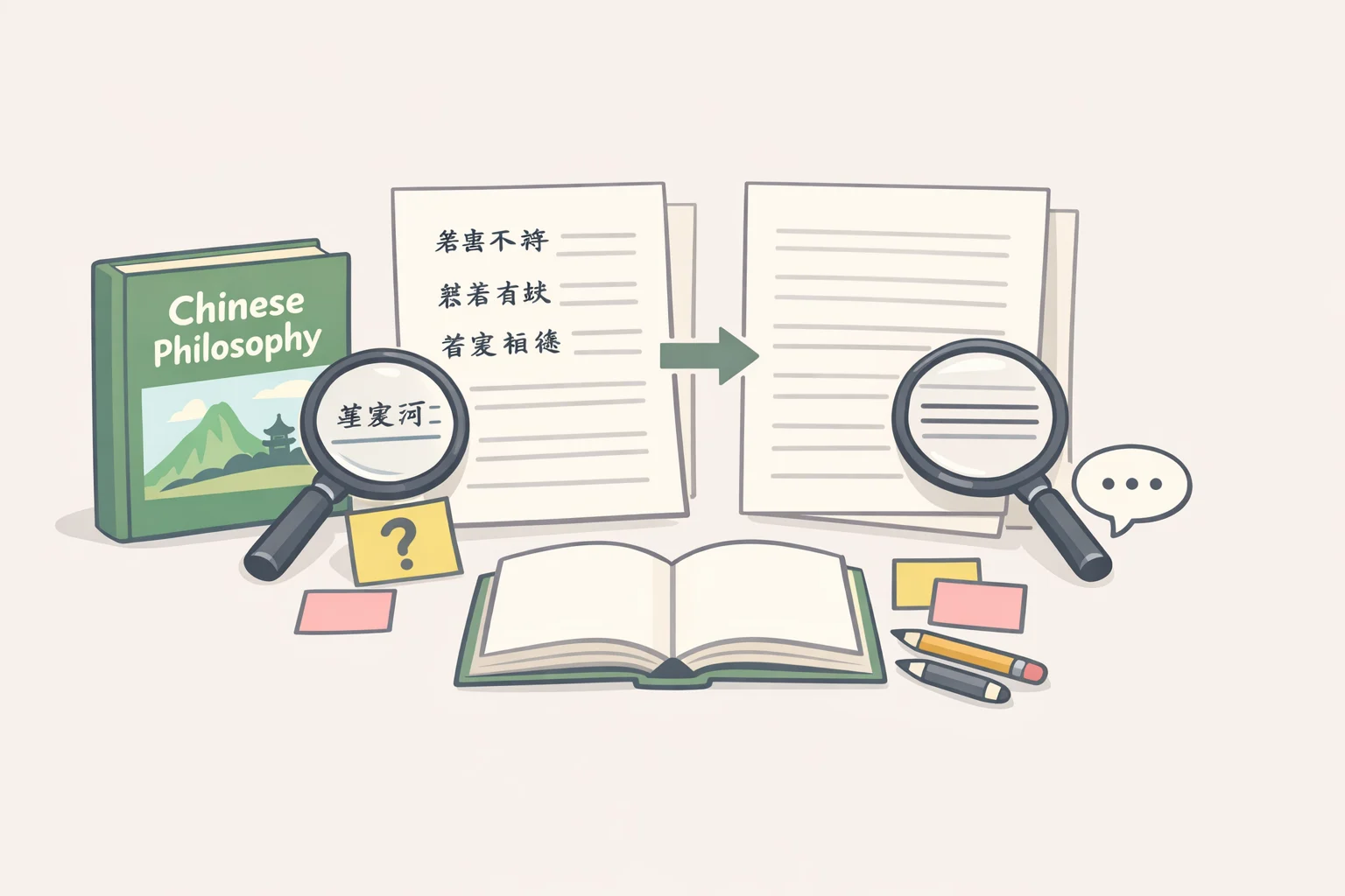 Illustration of Lin Yutang writing and English-language translation pages that visualize how Chinese thought is interpreted for Western readers and can be debated based on the text itself