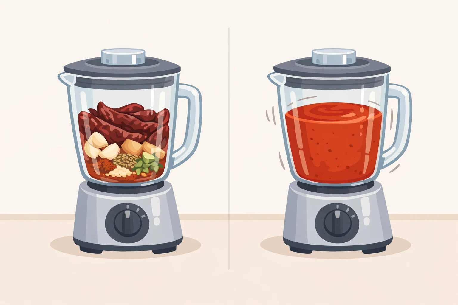 Close-up of blended guajillo and ancho chile adobo with garlic, onion, tomato, and spices swirling in a blender for how to make birria tacos