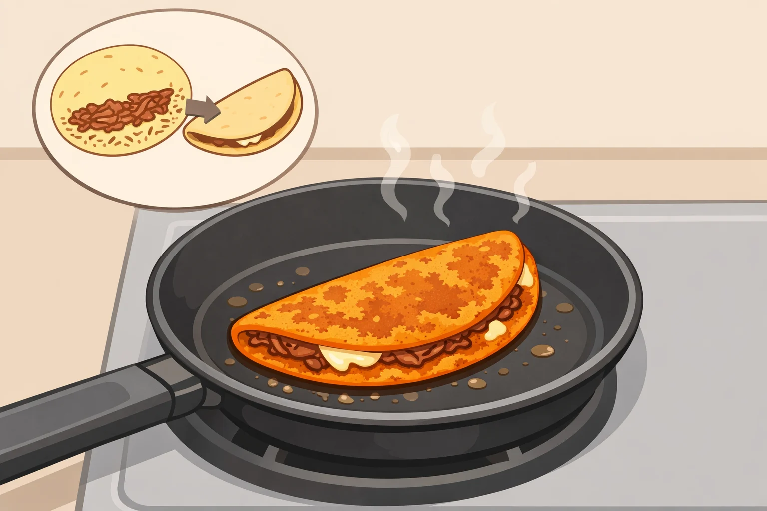 Step-by-step view of a cheese-stuffed tortilla folded over and pan-fried in hot fat until the edges are golden, crisp, and slightly charred