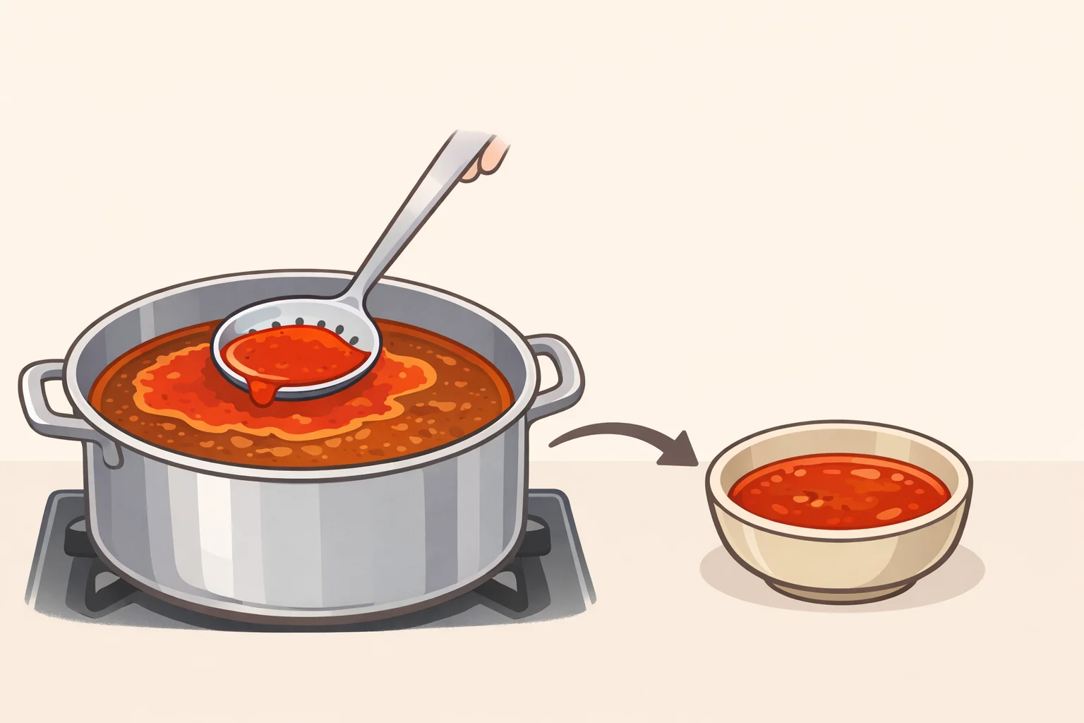 Cooker pot of birria consommé with a layer of red chile fat on top being skimmed into a bowl to use for crisping the tortillas