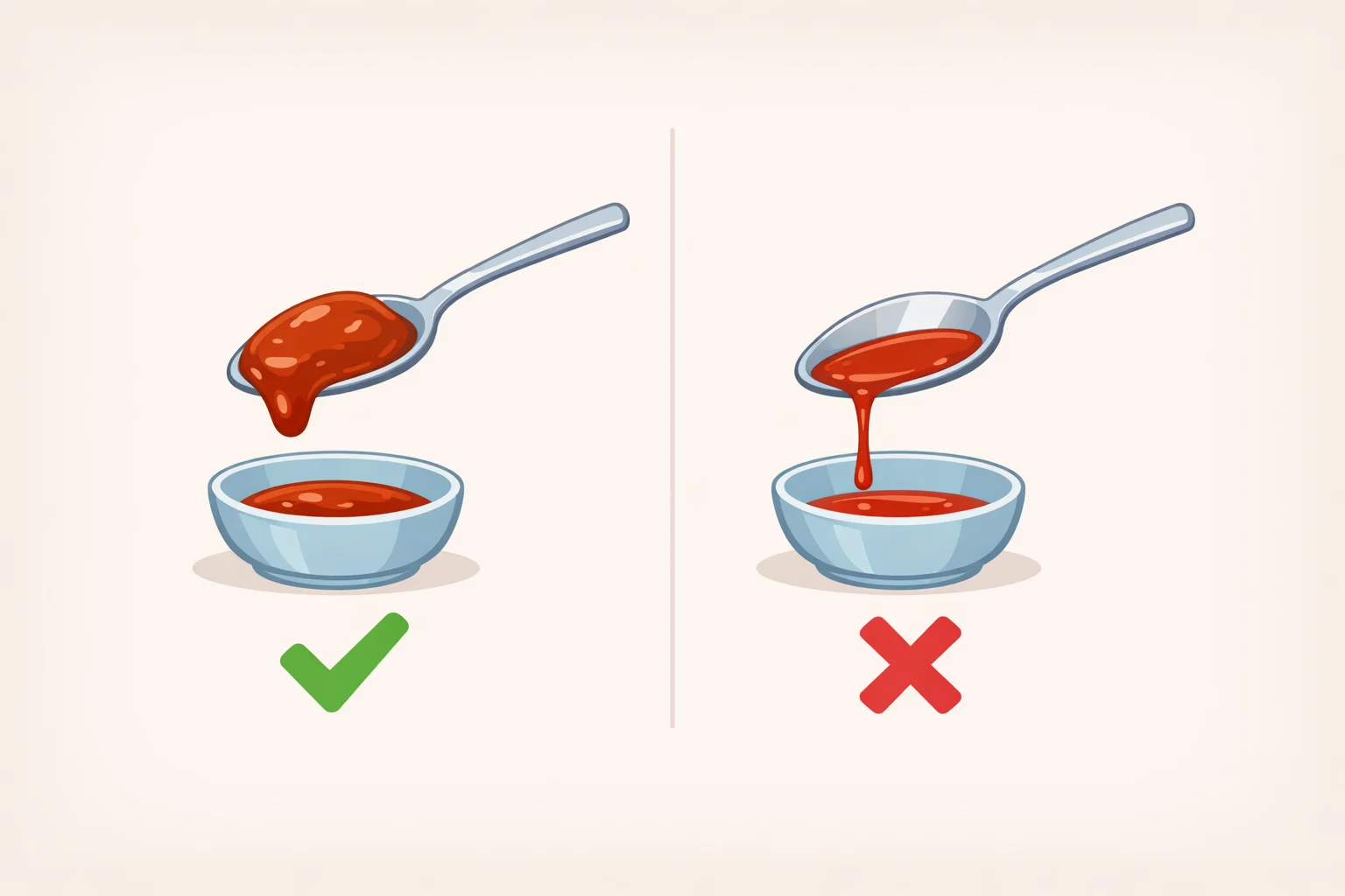 Close-up of a spoonful of reduced pomodoro sauce held on a tilted spoon, demonstrating a loose mound with no pooled clear liquid and thick, cohesive texture
