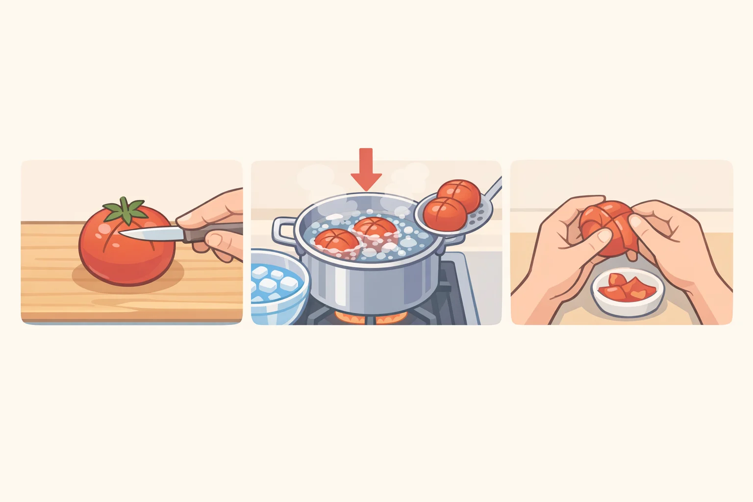 Cook scoring an X on vine-ripened tomatoes, blanching in boiling water for 30 seconds, and peeling before building a tomato sauce
