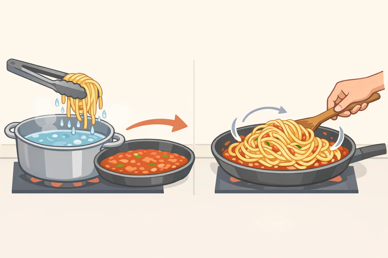 A kitchen timer and stovetop setup showing sauce simmering with a pot of salted pasta water, then pasta transferred into the sauce and tossed to a glossy finish for a pasta pomodoro recipe