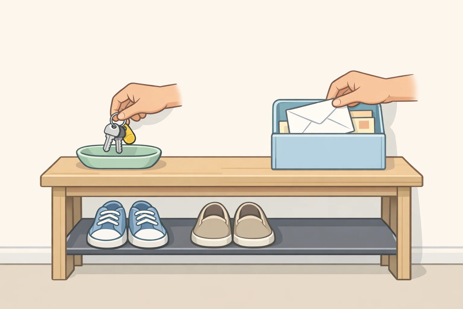 A family organizing a front-door drop zone, showing keys, shoes, jackets, and mail placed in one landing area inside the entryway