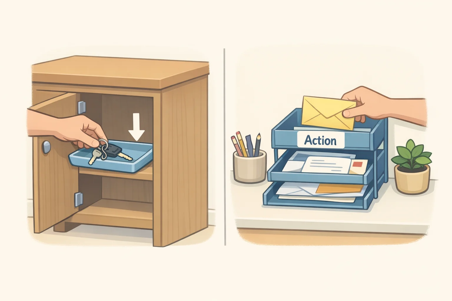 A key tray placed out of the street sightline next to a separate mail zone for to-be-actioned envelopesentryway organization ideas focused on preventing clutter and improving security