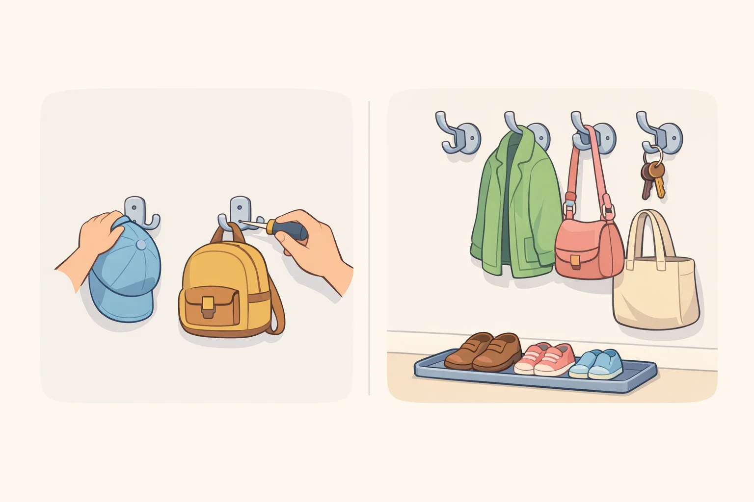 Entryway organization essentials showing low-mounted hooks for coats and swivel hooks for bags, paired with a slim shoe tray and kid-friendly access