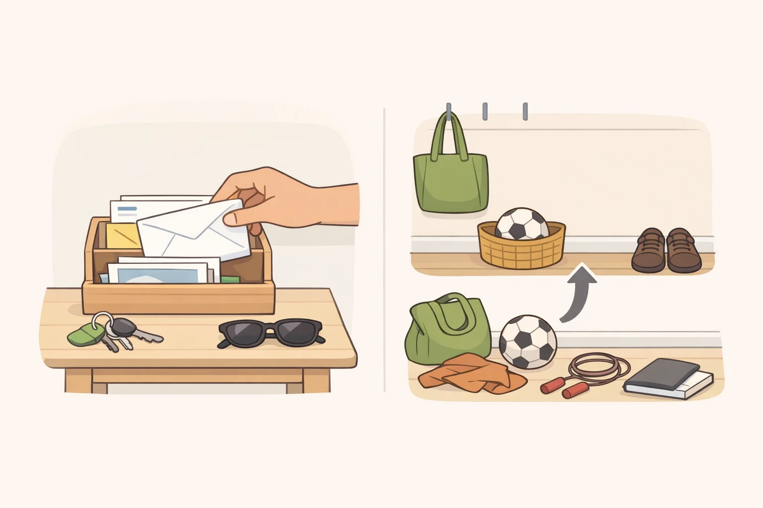 A weekly checklist-style view of a tidy entryway where someone inspects the mail tray, lowers a hook, and repositions items that keep landing on the floor